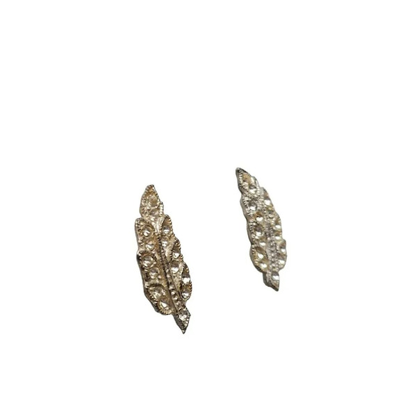 Clear Paste Rhinestone Silver Tone Leaf Screw Back Vintage Earrings - Picture 2 of 5
